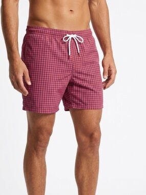 BONOBOS Mens Red & Navy Blue Plaid Check Swim Shorts Trunks